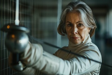 Obraz premium A woman in a white jacket is holding a foil sword