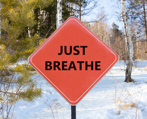 Just breathe and psychological symbol. Concept words Just breathe on beautiful red road sign. Beautiful forest snow blue sky background. Business psychological and Just breathe concept. Copy space