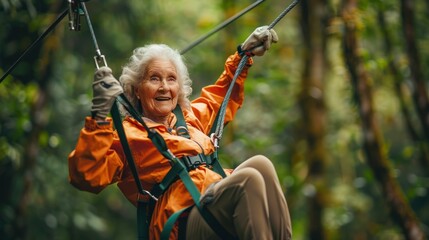 A woman in an orange jacket is hanging from a zip line