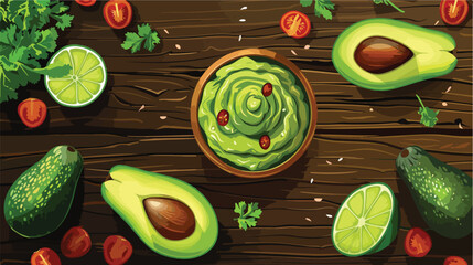 Tasty guacamole and ingredients on wooden background