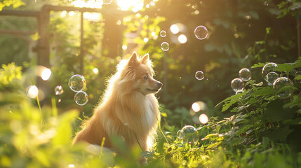 A fluffy dog's playful antics in a sunlit backyard, chasing bubbles amidst lush greenery.