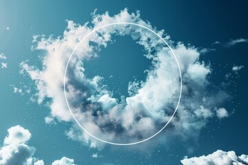 Clouds flying in front of a circle shape encapsulate a Blank for mockup product display, emphasizing the Flowing particles effect, Sharpen 3d rendering background
