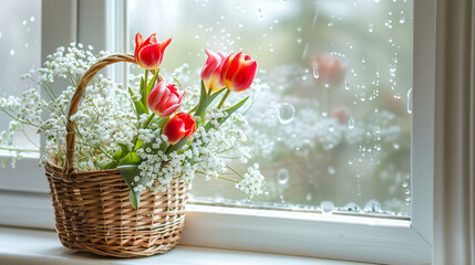 Basket with beautiful tulip and gypsophila flowers 