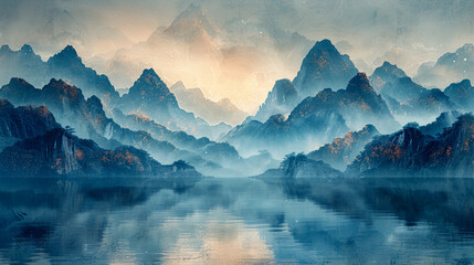 藍色の山々の風景イラスト