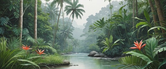 Lush jungle landscape in watercolor style