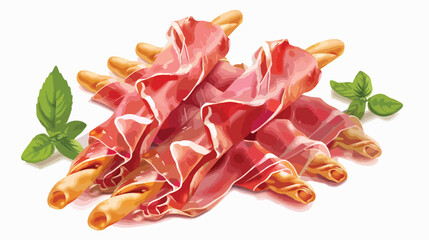 Tasty Italian Grissini with prosciutto on white background