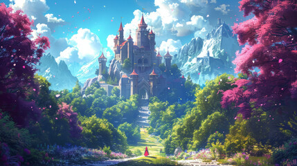 A whimsical fairy tale castle situated in a charming forest setting, brought to life in a colorful and vibrant cartoon anime style.