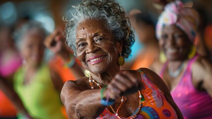 A group of older women are dancing and smiling