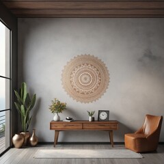 Wall mockup in nomadic boho interior background with rustic decor, 3d render