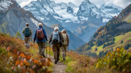Obraz premium A group of people are walking on a trail in the mountains