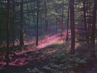 Sunlight filtering through a mystical forest, casting a surreal pink glow over the foliage.