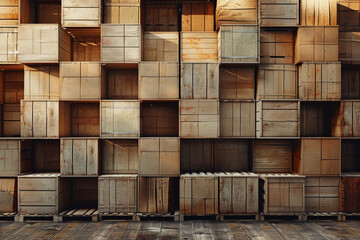 Industrial warehouse storing goods for export stacked boxes logistic chain copy space 