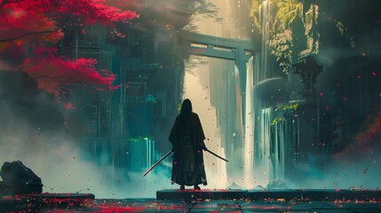 Samurai with Swords at a Misty Waterfall Garden Surrounded by Cherry Blossoms and Ancient Structures