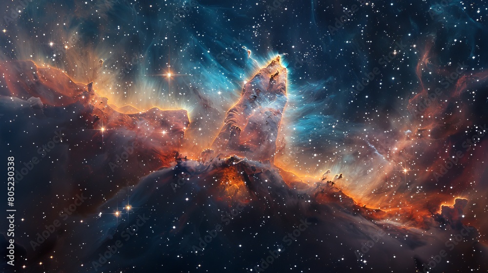 Poster stunning visual of a mountain-like formation in space, surrounded by a colorful nebula and twinkling