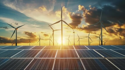 Renewable energy turbines spin gracefully against a sunset, symbolizing sustainable progress, Sharpen close up hitech concept with blur background