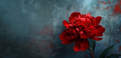 An elegant display of a lush red peony flower set against a chic, modern decorative wall. 