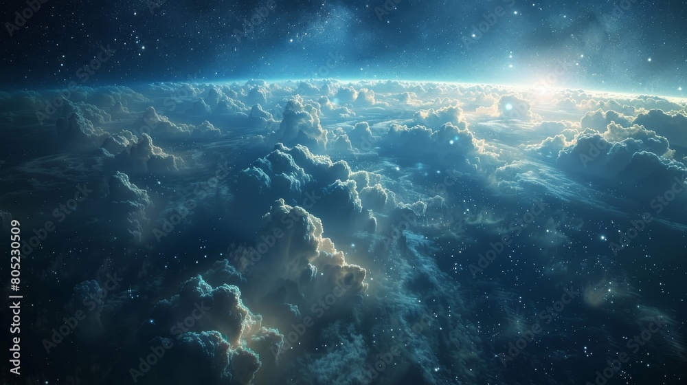 Poster A tranquil scene of soft clouds bathed in the light of a distant sun, creating a dreamlike atmosphere full of serenity and wonder