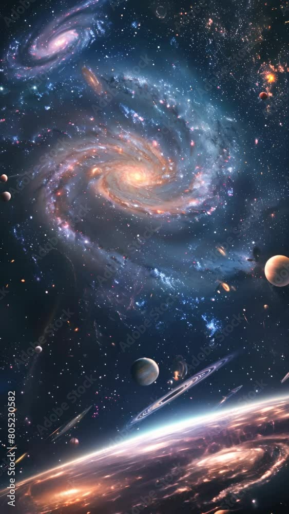Wall mural a colorful galaxy with a spiral in the middle and a planet in the foreground. the galaxy is full of 