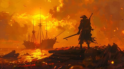 Pirate Standing with Sword on Fiery Shipwreck Shore