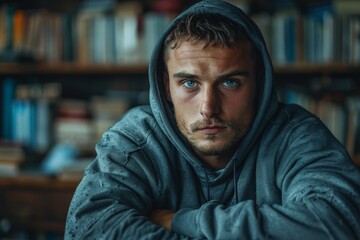 A focused young man with intense blue eyes sits with crossed arms, wearing a gray hoodie against a bookshelf backdrop