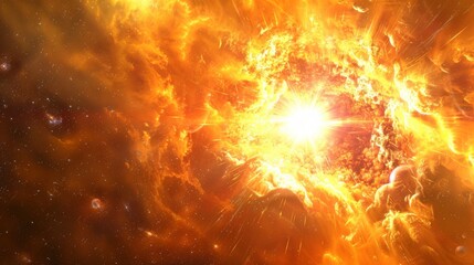 Naklejka premium A stunning depiction of a solar eruption with bursts of energy radiating from the core, set against the vastness of space