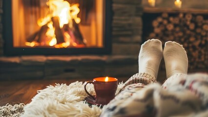 Relaxing at home in cozy pajamas by a warm fireplace. Concept Home Decor, Cozy Settings, Comfortable Clothing, Relaxation Techniques
