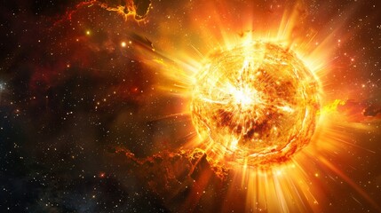A dramatic depiction of a sun-like star in an explosive moment, with intense solar flares extending outwards, symbolizing power and energy