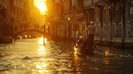 A man in a boat is rowing through a canal at sunset