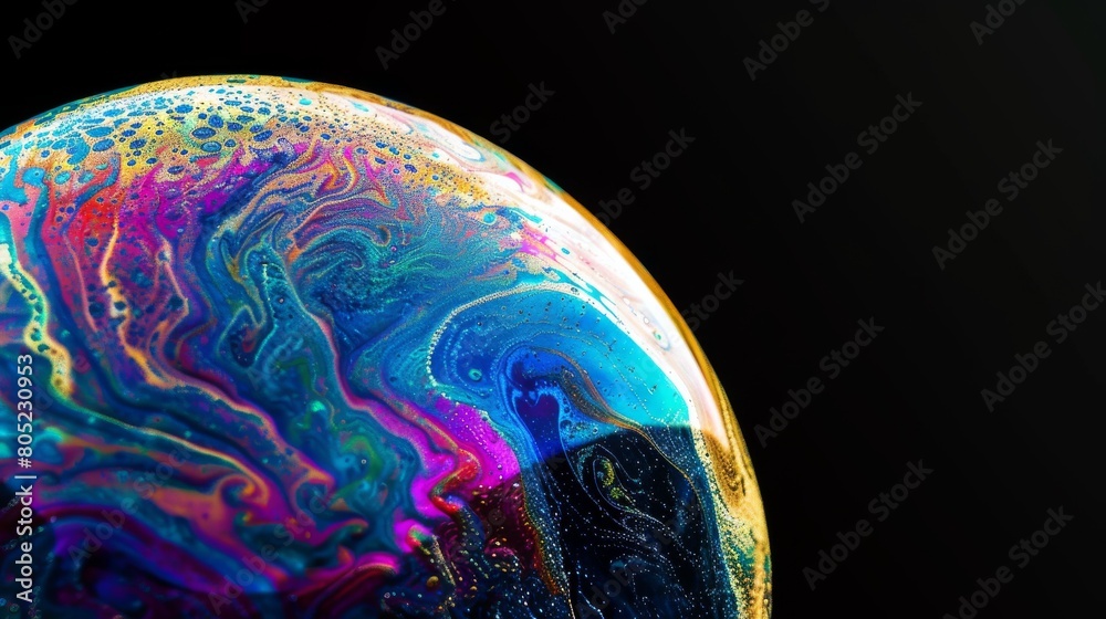Poster Macro view of a soap bubble surface showing a swirling mix of vivid colors and patterns