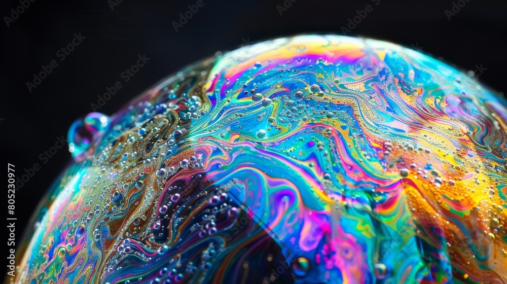 Poster A close-up of a colorful, iridescent soap bubble creating an abstract pattern