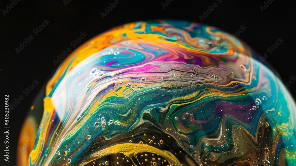 Aufkleber Detailed macro photography capturing the intricate texture of a colorful soap bubble