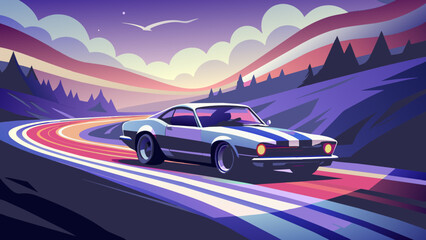 Naklejka premium A vibrant and eye-catching vintage-inspired design featuring a racing car drifting around an American flag. The car is adorned with patriotic colors and leaves a trail of smoke as it navigates 