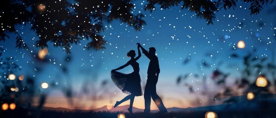 Silhouette of two people dancing gracefully under a canopy of twinkling stars