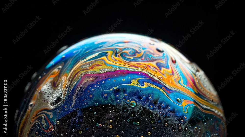 Poster This image features an extreme close-up of a vibrant soap bubble, showcasing swirling patterns and intricate details