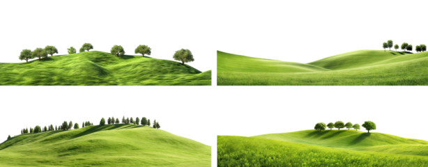 Set of picturesque landscapes of green hills, cut out