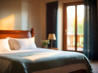 Blur hotel room with double bed - blurred room on background. Morning light in cozy bedroom interior