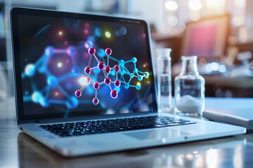 Innovative drug development process visualized on a scientists laptop, molecular models prominent 