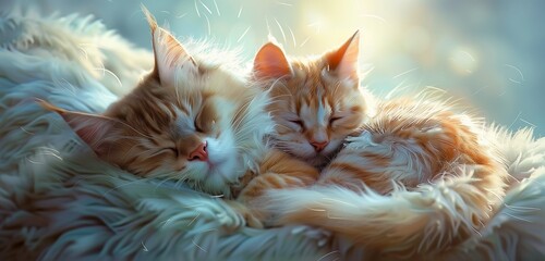 Sweet cats nestled together in a tender embrace, enjoying a nap on a plush bed. 