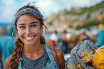 A jovial young woman engaged in a beach clean-up activity, holding a bag of collected trash, showing environmental responsibility