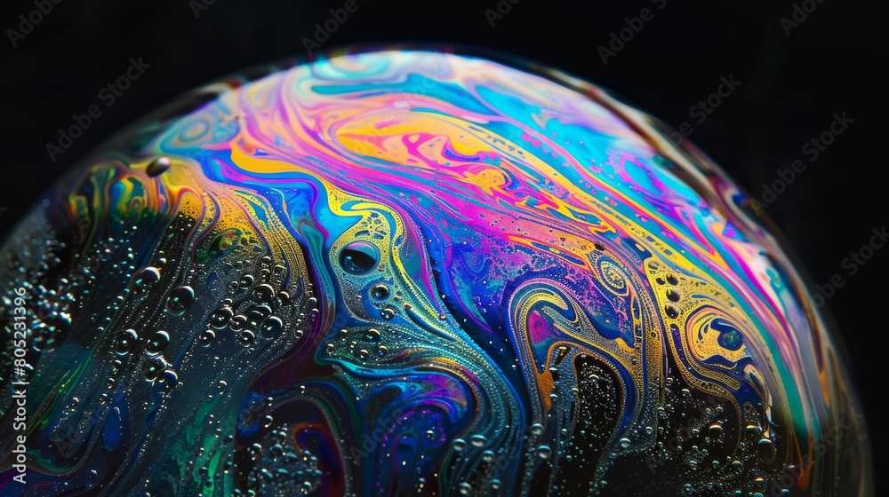 Poster close-up of vibrant colors swirling on a soap bubble’s surface, representing creativity and fluidity