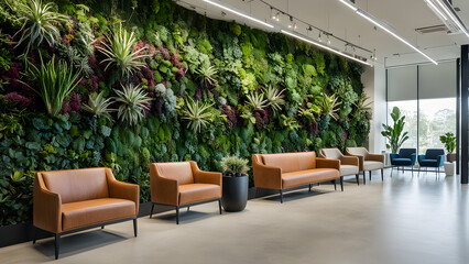 Interior of a modern office building with leather armchairs and plants.