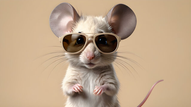 Cute white mouse with sunglasses on a beige background.