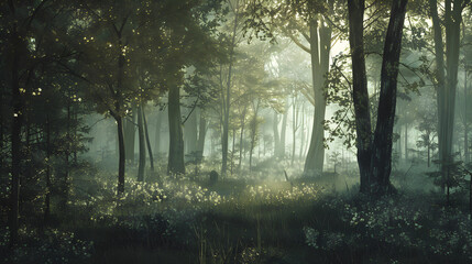 Enchanted Tranquility: The Serene Beauty of a Mystical Forest Bathed in Ghostly Light