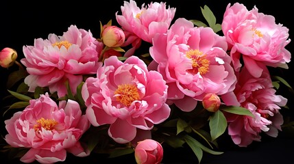 A cluster of pink peonies in full bloom, their lush petals opening to reveal a profusion of delicate stamens.
