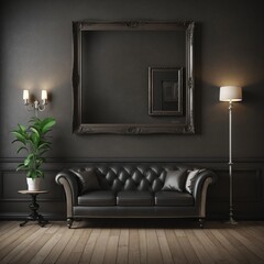 Frame mockup in old dark living room interior background, 3d render