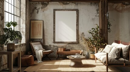 The rustic decor is beautifully complemented by a 3D Mockup frame, adding warmth to the room, 3D render sharpen