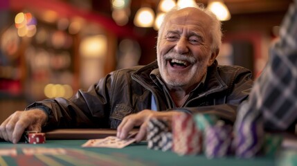 An older man with a big smile and a joyful expression, winning at a casino table with cards and chips