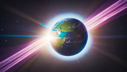 Gleaming Globe: Earth Aglow with Radiant Colorful Rays of Light