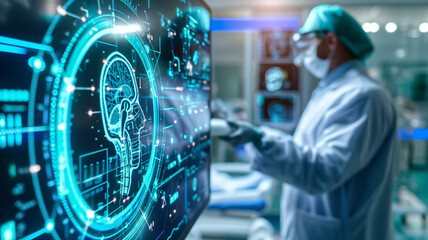 A doctor in surgical attire interacts with a futuristic medical interface displaying a detailed human brain, representing cutting-edge healthcare technology.
