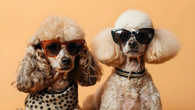 Two stylish poodles in sunglasses and vintage accessories pose for a photo. Concept Pet Photography, Stylish Dogs, Vintage Accessories, Posing for Photos